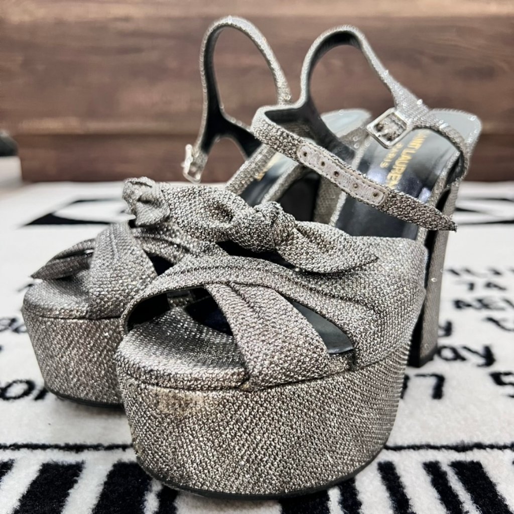Saint Laurent Candy Metallic Jacquard Platform Sandal Heels Shoes